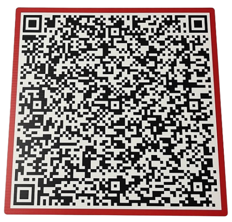 A QR code in black and white with a red border.