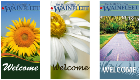 Three welcome banners for the Township of Wainfleet featuring images of a sunflower, a daisy, and a scenic path.