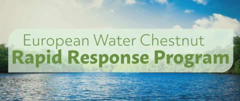 Banner for the European Water Chestnut Rapid Response Program with a background of a lake and trees under a blue sky.