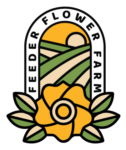 Feeder Flower Farm logo with a yellow flower and green fields.