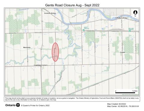 Map highlighting the closure of Gents Road from August to September 2022 in Wainfleet, Ontario.