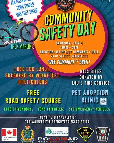 Poster for Community Safety Day on Saturday, July 6 from 10 AM to 2 PM at Wainfleet Community Hall.