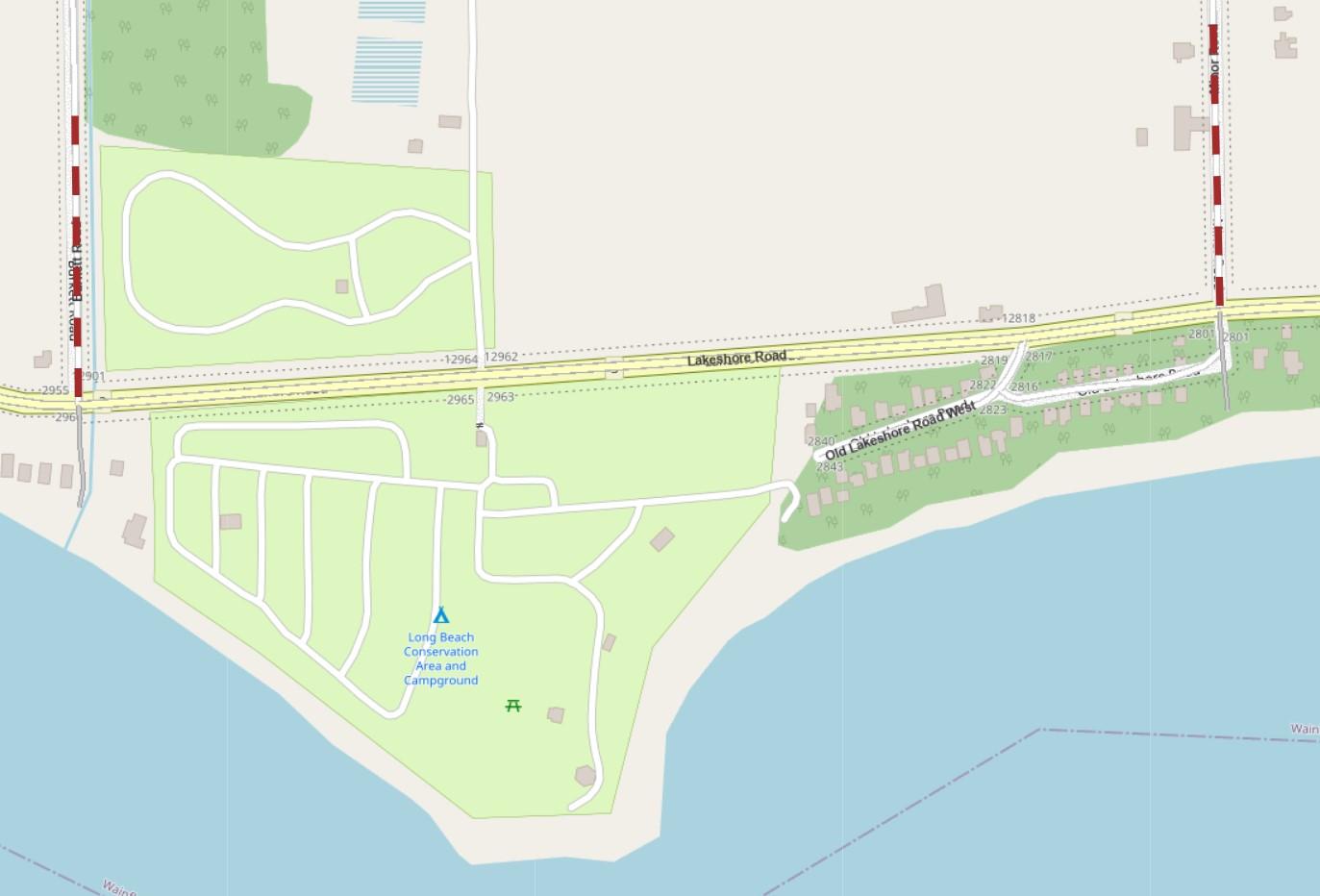 Map showing Long Beach Conservation Area and Campground located along the shore. The campground is marked with a tent icon and includes several winding roads and campsites.