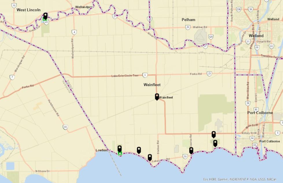 A map highlighting the Wainfleet area in Ontario, with prominent roads, landmarks, and boundaries. Key locations such as West Lincoln, Pelham, and Port Colborne are also marked.