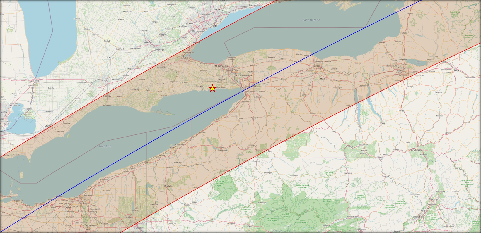 Map outlining the area where the total eclipse can be seen.